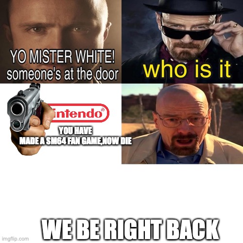 nitendo killing fan games | YOU HAVE MADE A SM64 FAN GAME,NOW DIE; WE BE RIGHT BACK | image tagged in yo mister white someone s at the door | made w/ Imgflip meme maker