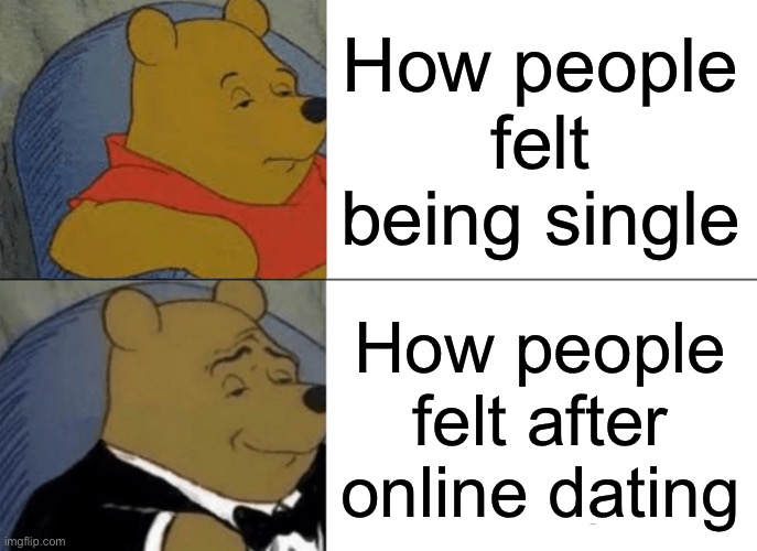 Online dating | How people felt being single; How people felt after online dating | image tagged in memes,tuxedo winnie the pooh,relatable,online dating | made w/ Imgflip meme maker