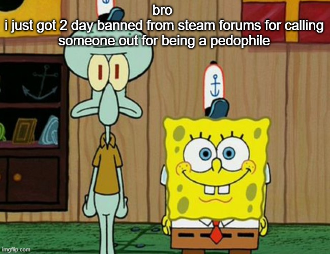 squidward and spogbob | bro 
i just got 2 day banned from steam forums for calling someone out for being a pedophile | image tagged in squidward and spogbob | made w/ Imgflip meme maker