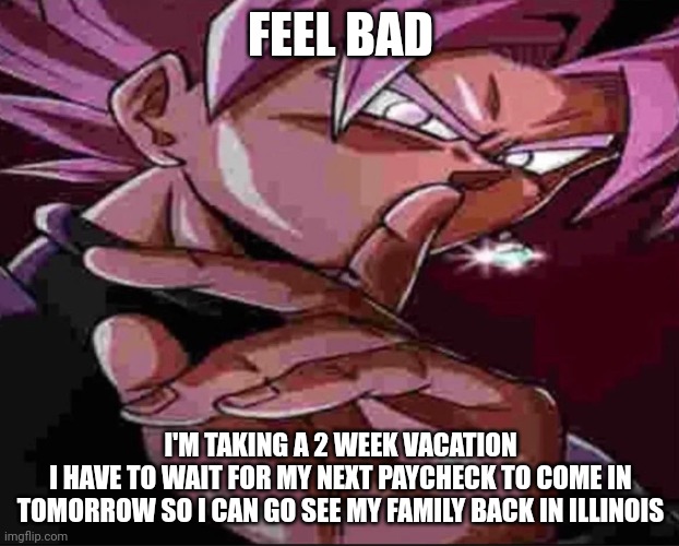 Goku Black shh | FEEL BAD I'M TAKING A 2 WEEK VACATION
I HAVE TO WAIT FOR MY NEXT PAYCHECK TO COME IN TOMORROW SO I CAN GO SEE MY FAMILY BACK IN ILLINOIS | image tagged in goku black shh | made w/ Imgflip meme maker