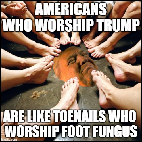 That Is If Foot Fungus Was A Whining Petulant America-Hating Putin-Loving Crybaby Drug-Addled Fascist Loser | AMERICANS WHO WORSHIP TRUMP; ARE LIKE TOENAILS WHO 
WORSHIP FOOT FUNGUS | image tagged in donald trump,convict 45,convicted felon 45,whining fascist loser trump,trump is fungus amungus,save democracy vote blue | made w/ Imgflip meme maker