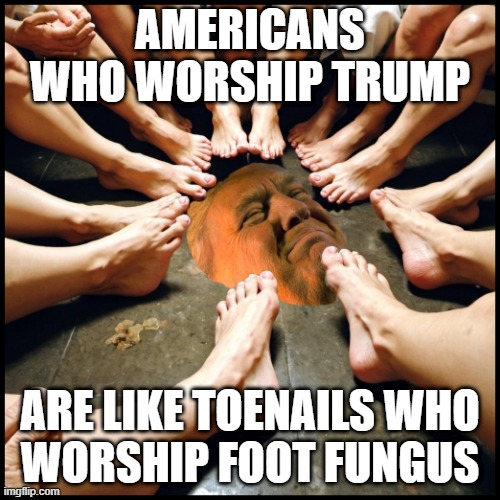 That Is If Foot Fungus Was A Whining Petulant America-Hating Putin-Loving Crybaby Drug-Addled Fascist Loser | AMERICANS WHO WORSHIP TRUMP; ARE LIKE TOENAILS WHO
WORSHIP FOOT FUNGUS | image tagged in donald trump,convict 45,convicted felon 45,convicted felon trump,convicted felon fraudster rapist trump | made w/ Imgflip meme maker