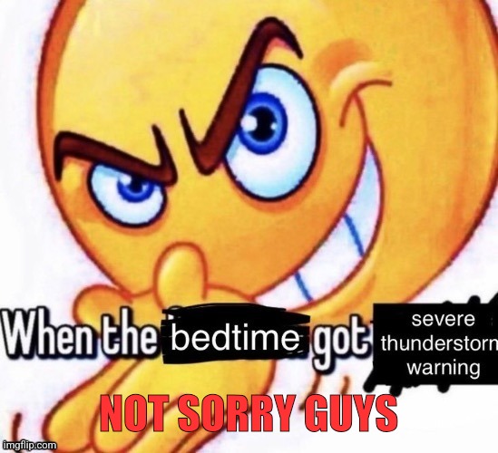 When the bedtime got the severe thunderstorm warning | NOT SORRY GUYS | image tagged in when the bedtime got the severe thunderstorm warning | made w/ Imgflip meme maker