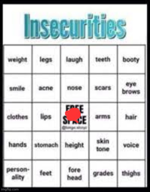 insecurities bingo | image tagged in insecurities bingo | made w/ Imgflip meme maker