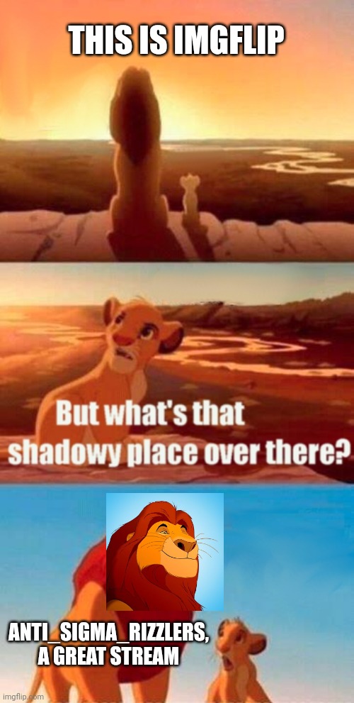 Simba Shadowy Place Meme | THIS IS IMGFLIP ANTI_SIGMA_RIZZLERS, A GREAT STREAM | image tagged in memes,simba shadowy place | made w/ Imgflip meme maker