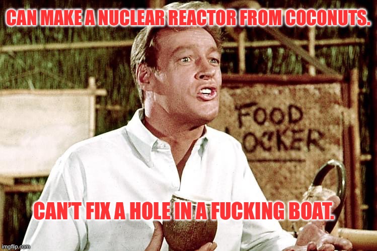 Gilligan! | CAN MAKE A NUCLEAR REACTOR FROM COCONUTS. CAN’T FIX A HOLE IN A FUCKING BOAT. | image tagged in professor,gilligan's island | made w/ Imgflip meme maker