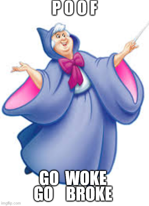 Disney's Warning From The Fairy God Mother | P O O F; GO  WOKE 
   GO    BROKE | image tagged in fairy god mother | made w/ Imgflip meme maker