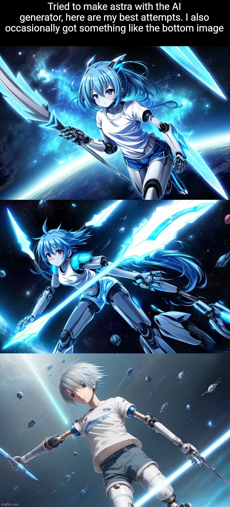 I found another thing it struggles with. Spears. | Tried to make astra with the AI generator, here are my best attempts. I also occasionally got something like the bottom image | made w/ Imgflip meme maker