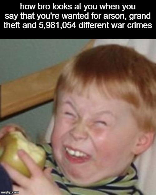 laughing kid | how bro looks at you when you say that you're wanted for arson, grand theft and 5,981,054 different war crimes | image tagged in laughing kid | made w/ Imgflip meme maker