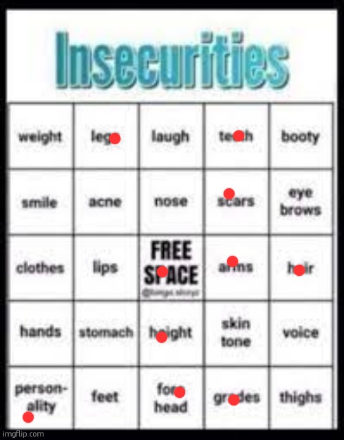 one they dont have onthis is eyes. I have a lazy eye, and sometimes people make fun of it. | image tagged in insecurities bingo | made w/ Imgflip meme maker
