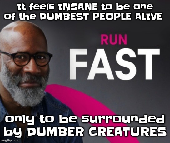 Run fast | It feels INSANE to be one of the DUMBEST PEOPLE ALIVE; only to be surrounded by DUMBER CREATURES | image tagged in run fast | made w/ Imgflip meme maker