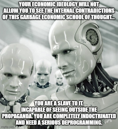 Robots Meme | YOUR ECONOMIC IDEOLOGY WILL NOT ALLOW YOU TO SEE THE INTERNAL CONTRADICTIONS OF THIS GARBAGE ECONOMIC SCHOOL OF THOUGHT…; YOU ARE A SLAVE TO IT. INCAPABLE OF SEEING OUTSIDE THE PROPAGANDA. YOU ARE COMPLETELY INDOCTRINATED AND NEED A SERIOUS DEPROGRAMMING. | image tagged in memes,robots | made w/ Imgflip meme maker