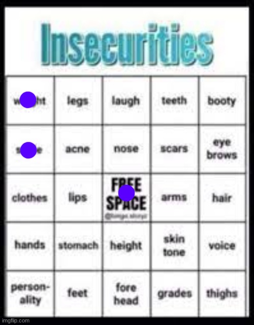 insecurities bingo | image tagged in insecurities bingo | made w/ Imgflip meme maker