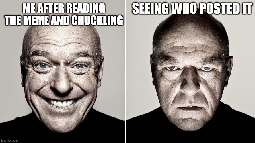 Dean Norris's reaction | ME AFTER READING THE MEME AND CHUCKLING SEEING WHO POSTED IT | image tagged in dean norris's reaction | made w/ Imgflip meme maker