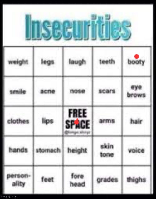 insecurities bingo | image tagged in insecurities bingo | made w/ Imgflip meme maker