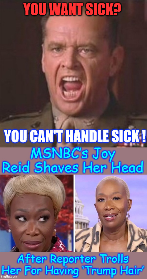 Someone should tell her, her nose looks like Trump's nose... | YOU WANT SICK? YOU CAN'T HANDLE SICK ! MSNBC’s Joy Reid Shaves Her Head; After Reporter Trolls Her For Having ‘Trump Hair’ | image tagged in you can't handle the truth,sicko,joy,shaves head,looked like trump | made w/ Imgflip meme maker