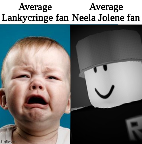 Crybaby VS Robloxian | Average Lankycringe fan Average Neela Jolene fan | image tagged in crybaby vs robloxian | made w/ Imgflip meme maker