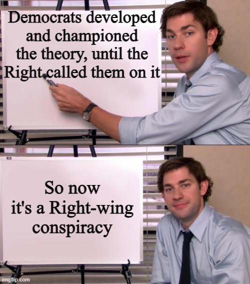 Jim Halpert Explains | Democrats developed and championed the theory, until the Right called them on it So now it's a Right-wing conspiracy | image tagged in jim halpert explains | made w/ Imgflip meme maker