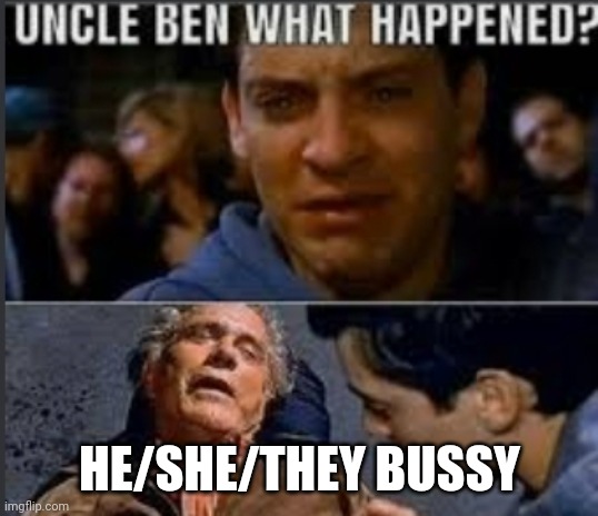 Uncle ben what happened | HE/SHE/THEY BUSSY | image tagged in uncle ben what happened | made w/ Imgflip meme maker