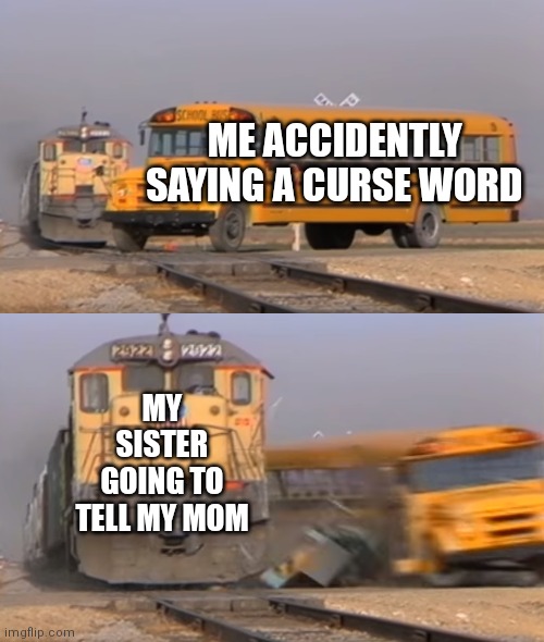 Me | ME ACCIDENTLY SAYING A CURSE WORD; MY SISTER GOING TO TELL MY MOM | image tagged in a train hitting a school bus | made w/ Imgflip meme maker