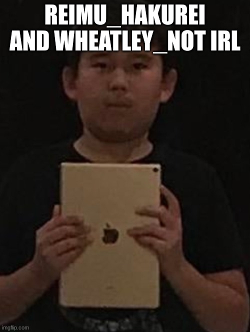 Kid with ipad | REIMU_HAKUREI AND WHEATLEY_NOT IRL | image tagged in kid with ipad | made w/ Imgflip meme maker