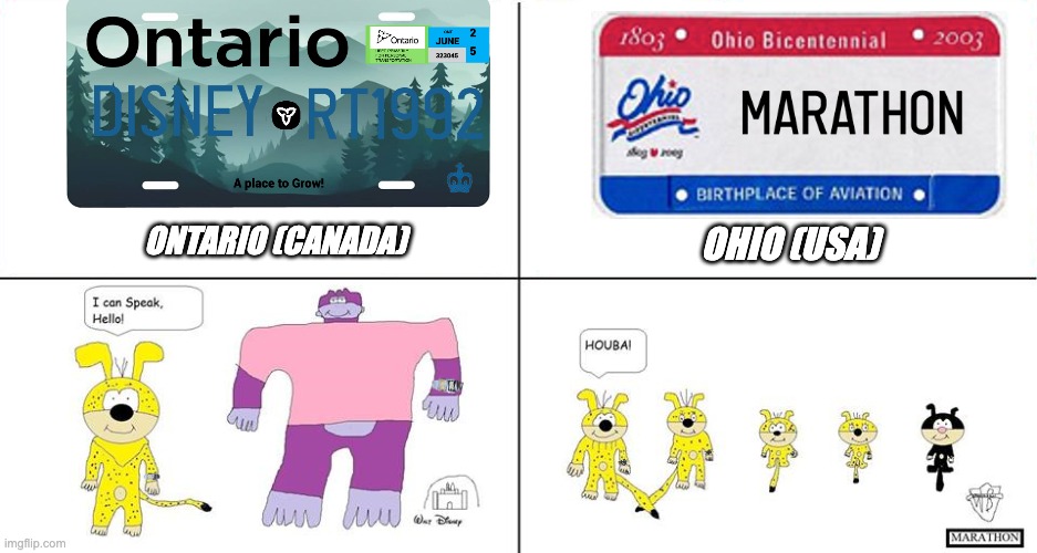 Ontario (Disney) vs Ohio (Marathon) | ONTARIO (CANADA); OHIO (USA) | image tagged in disney version vs marathon version | made w/ Imgflip meme maker