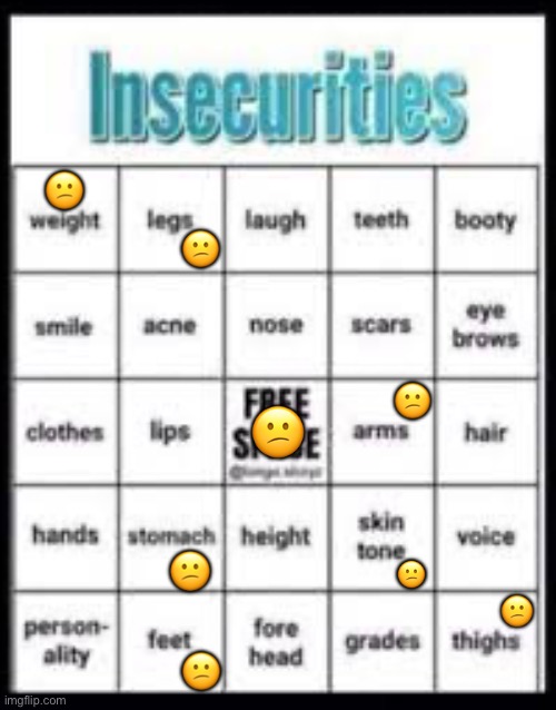 Insecurities bingo (no bingo) | 😕; 😕; 😕; 😕; 😕; 😕; 😕; 😕 | image tagged in insecurities bingo,insecurities,bingo | made w/ Imgflip meme maker