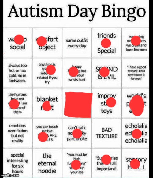 Me, as someone actually diagnosed with autism: BINGO!!! | image tagged in autism bingo,autism,bingo,autistic | made w/ Imgflip meme maker