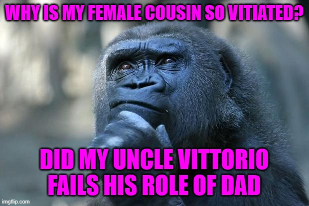 Deep Thoughts | WHY IS MY FEMALE COUSIN SO VITIATED? DID MY UNCLE VITTORIO FAILS HIS ROLE OF DAD | image tagged in deep thoughts | made w/ Imgflip meme maker