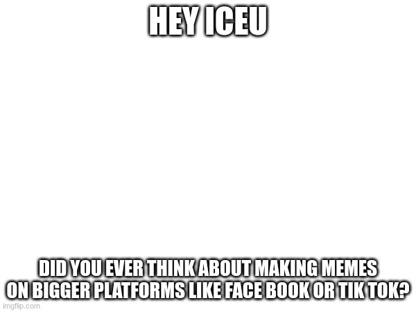 Why stay on imgflip? | HEY ICEU; DID YOU EVER THINK ABOUT MAKING MEMES ON BIGGER PLATFORMS LIKE FACE BOOK OR TIK TOK? | made w/ Imgflip meme maker