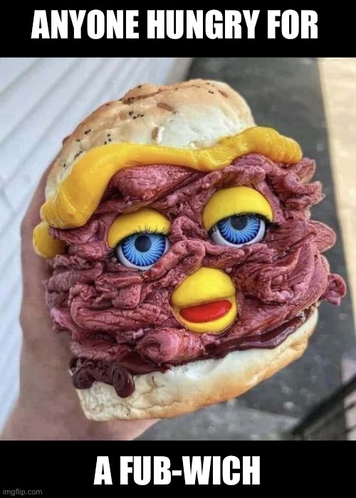 Furbwich | ANYONE HUNGRY FOR; A FUB-WICH | image tagged in furby,sandwich,food | made w/ Imgflip meme maker