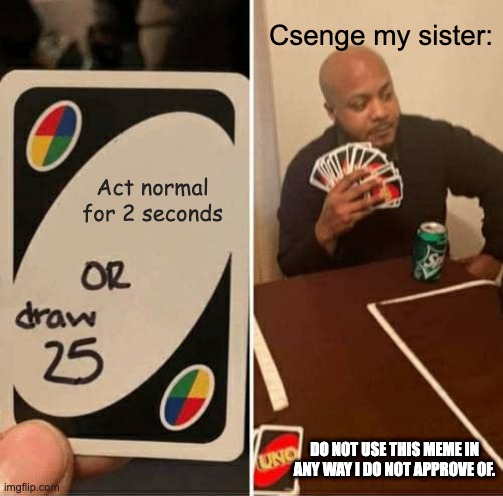 UNO Draw 25 Cards Meme | Csenge my sister:; Act normal for 2 seconds; DO NOT USE THIS MEME IN ANY WAY I DO NOT APPROVE OF. | image tagged in memes,uno draw 25 cards | made w/ Imgflip meme maker