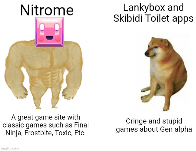 Buff Doge vs. Cheems Meme | Nitrome; Lankybox and Skibidi Toilet apps; A great game site with classic games such as Final Ninja, Frostbite, Toxic, Etc. Cringe and stupid games about Gen alpha | image tagged in memes,buff doge vs cheems | made w/ Imgflip meme maker