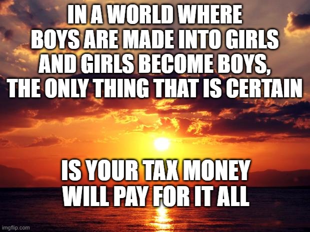 Sunset | IN A WORLD WHERE BOYS ARE MADE INTO GIRLS AND GIRLS BECOME BOYS, THE ONLY THING THAT IS CERTAIN; IS YOUR TAX MONEY WILL PAY FOR IT ALL | image tagged in sunset | made w/ Imgflip meme maker