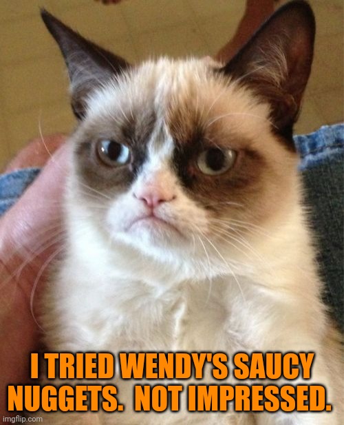 Grumpy Cat Meme | I TRIED WENDY'S SAUCY NUGGETS.  NOT IMPRESSED. | image tagged in memes,grumpy cat | made w/ Imgflip meme maker