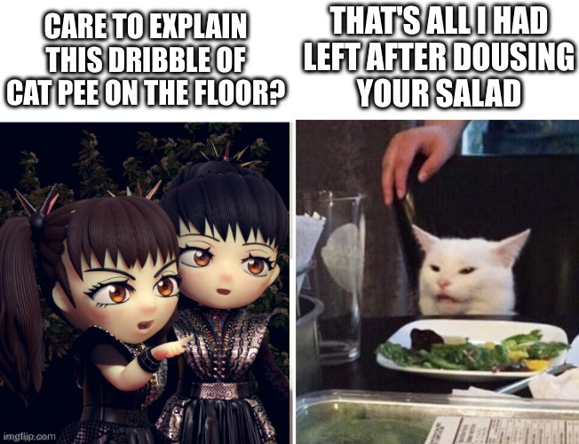 enjoy your citrus vinaigrette | THAT'S ALL I HAD
LEFT AFTER DOUSING
YOUR SALAD; CARE TO EXPLAIN THIS DRIBBLE OF CAT PEE ON THE FLOOR? | image tagged in salad cat | made w/ Imgflip meme maker