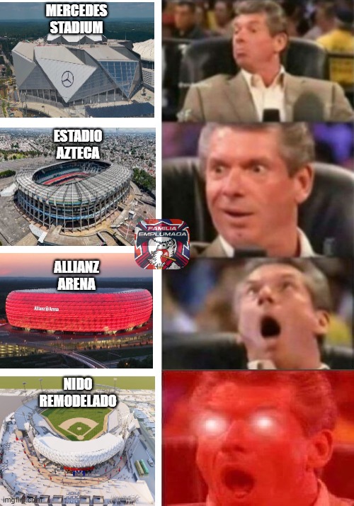 Mr. McMahon reaction | MERCEDES STADIUM; ESTADIO AZTECA; ALLIANZ ARENA; NIDO REMODELADO | image tagged in mr mcmahon reaction | made w/ Imgflip meme maker