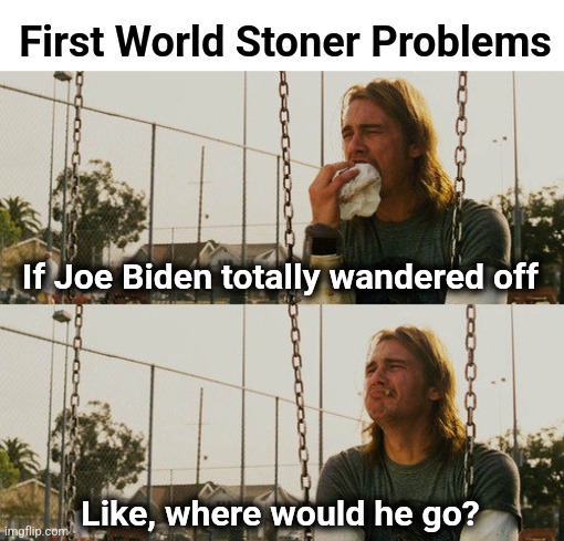Like, where? | First World Stoner Problems; If Joe Biden totally wandered off; Like, where would he go? | image tagged in memes,first world stoner problems,joe biden,dementia,democrats | made w/ Imgflip meme maker