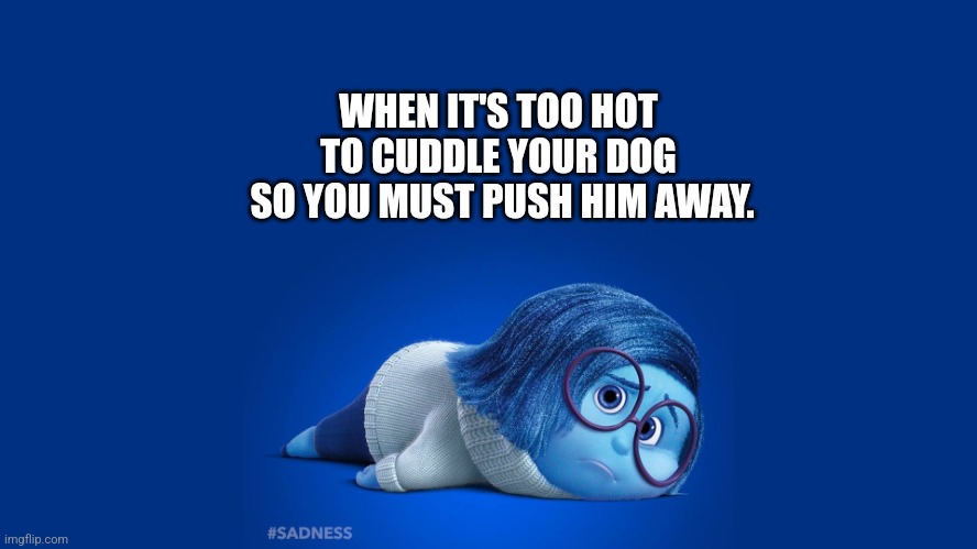 Dog problems | WHEN IT'S TOO HOT 
TO CUDDLE YOUR DOG 
SO YOU MUST PUSH HIM AWAY. | image tagged in inside out sadness | made w/ Imgflip meme maker
