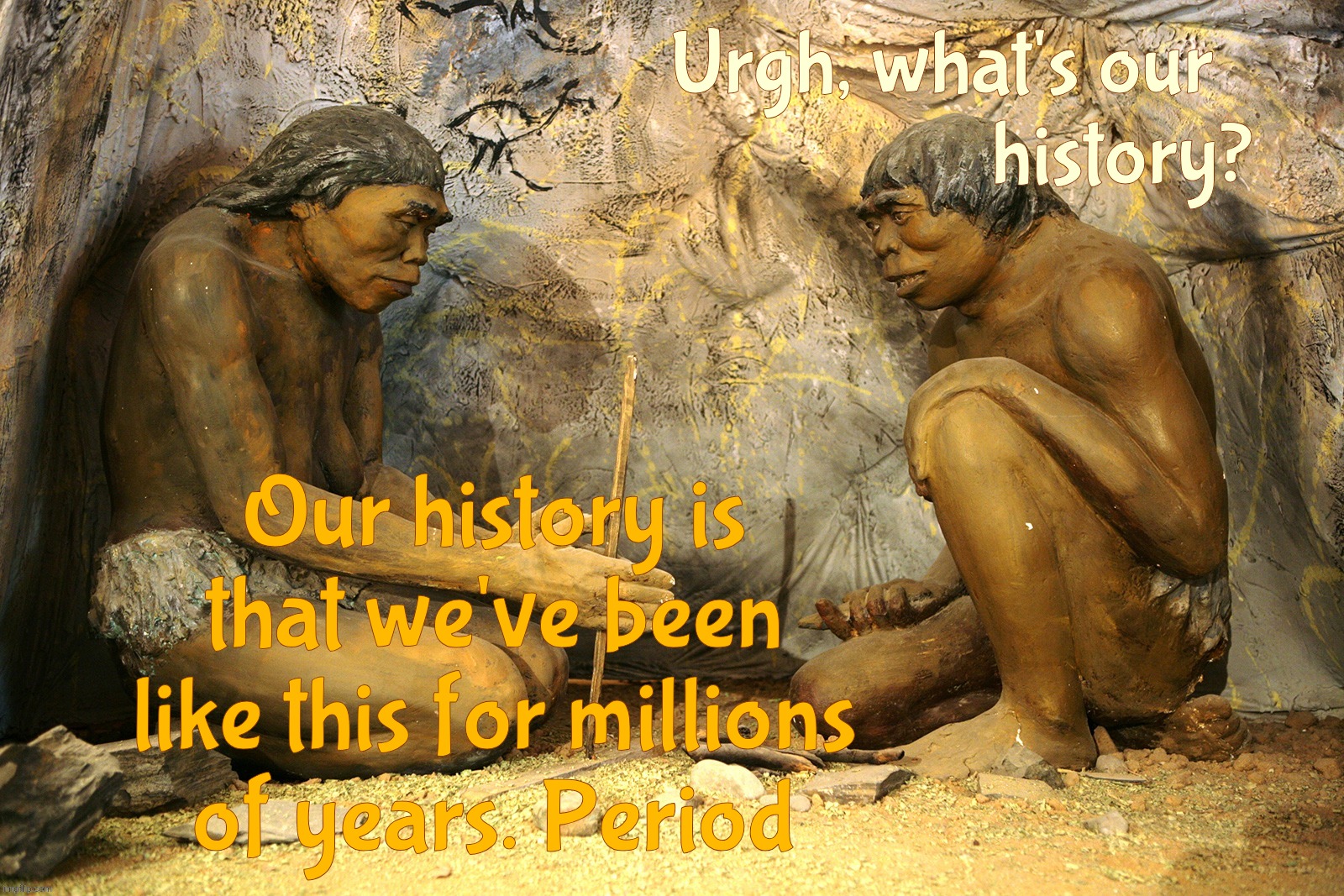 Urgh, what's our 
                   history? Our history is that we've been like this for millions
of years. Period | made w/ Imgflip meme maker