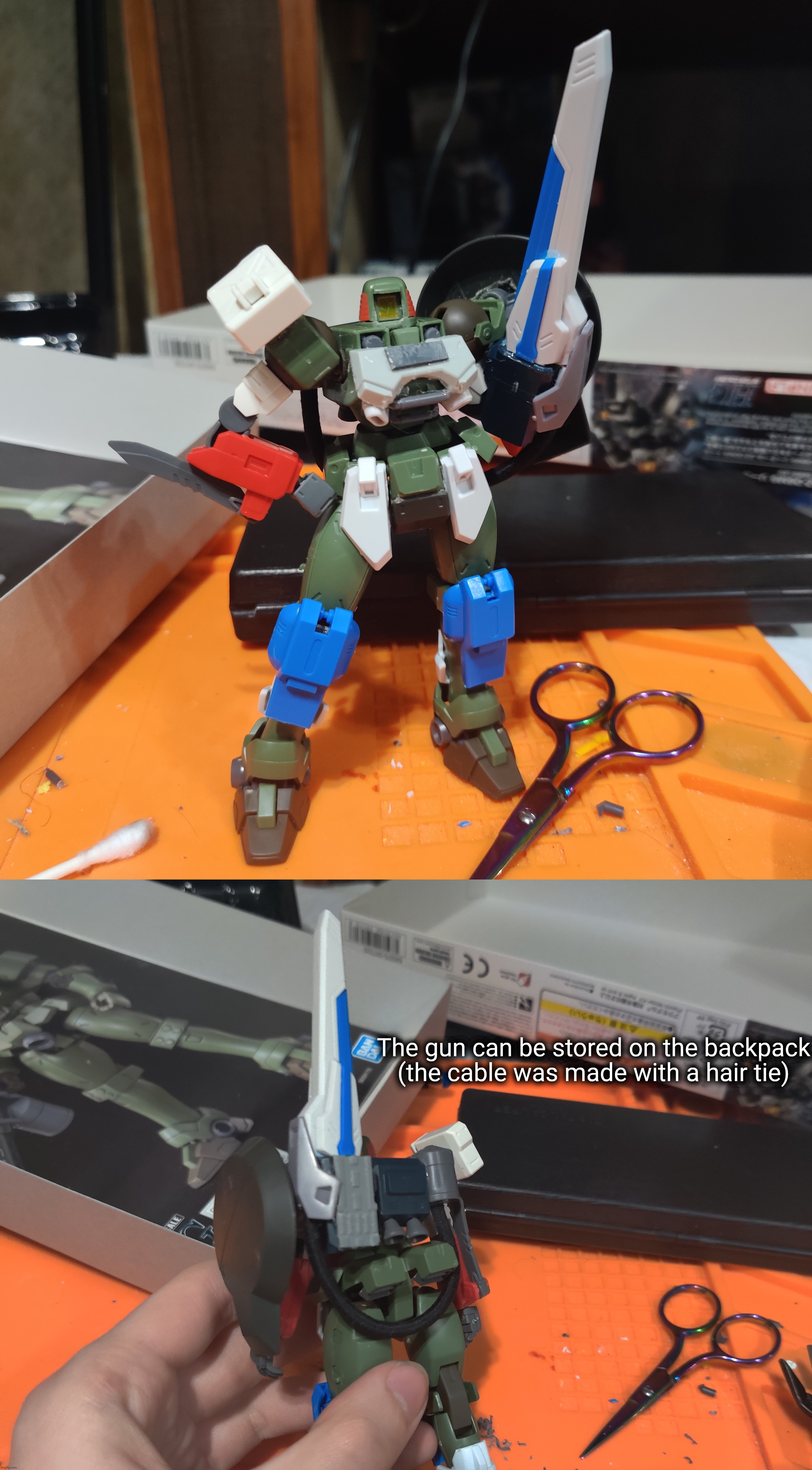 The gun can be stored on the backpack (the cable was made with a hair tie) | made w/ Imgflip meme maker