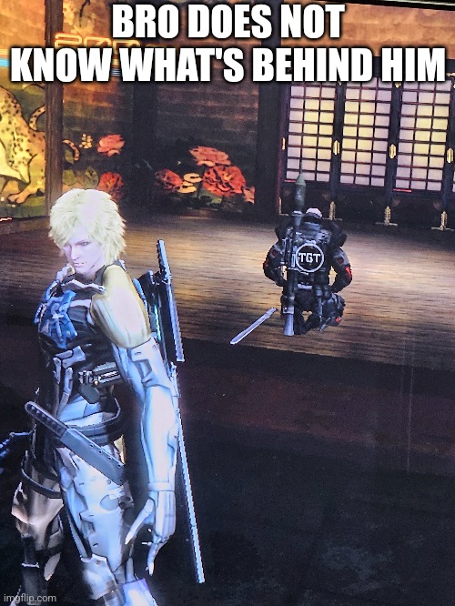 He is unaware of what is about to happen | BRO DOES NOT KNOW WHAT'S BEHIND HIM | image tagged in metal gear rising | made w/ Imgflip meme maker