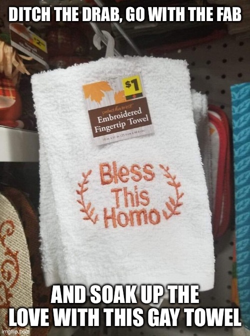Gay towel | DITCH THE DRAB, GO WITH THE FAB; AND SOAK UP THE LOVE WITH THIS GAY TOWEL | image tagged in lgbtq,gay,towel,blessed,blessings,pride month | made w/ Imgflip meme maker