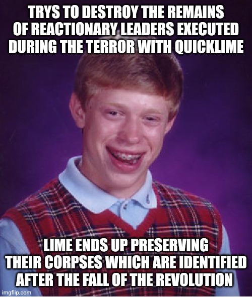 Bad Luck Brian | TRYS TO DESTROY THE REMAINS OF REACTIONARY LEADERS EXECUTED DURING THE TERROR WITH QUICKLIME; LIME ENDS UP PRESERVING THEIR CORPSES WHICH ARE IDENTIFIED AFTER THE FALL OF THE REVOLUTION | image tagged in memes,bad luck brian | made w/ Imgflip meme maker