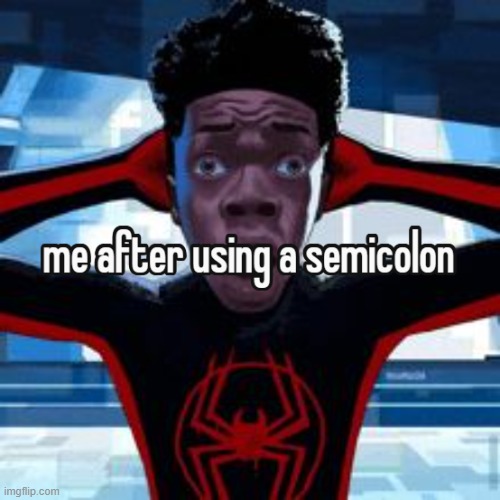 me when i use a semicolon; | image tagged in funny memes,memes,school,english | made w/ Imgflip meme maker