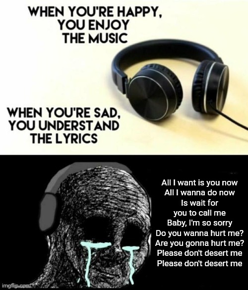 When your sad you understand the lyrics | All I want is you now
All I wanna do now
Is wait for you to call me
Baby, I'm so sorry
Do you wanna hurt me?
Are you gonna hurt me?
Please don't desert me
Please don't desert me | image tagged in when your sad you understand the lyrics | made w/ Imgflip meme maker