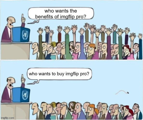 i will never buy it | who wants the benefits of imgflip pro? who wants to buy imgflip pro? | image tagged in people raising hands | made w/ Imgflip meme maker