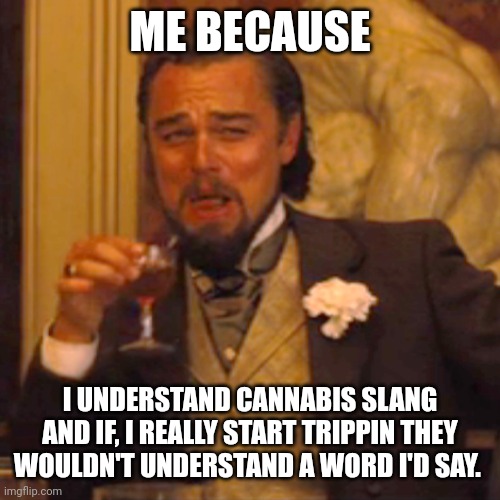 Laughing Leo Meme | ME BECAUSE; I UNDERSTAND CANNABIS SLANG AND IF, I REALLY START TRIPPIN THEY WOULDN'T UNDERSTAND A WORD I'D SAY. | image tagged in memes,laughing leo | made w/ Imgflip meme maker