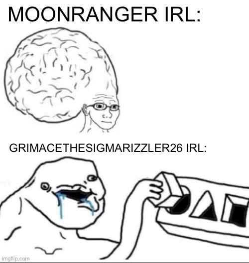 Big Brain vs. Brainlet | MOONRANGER IRL: GRIMACETHESIGMARIZZLER26 IRL: | image tagged in big brain vs brainlet | made w/ Imgflip meme maker