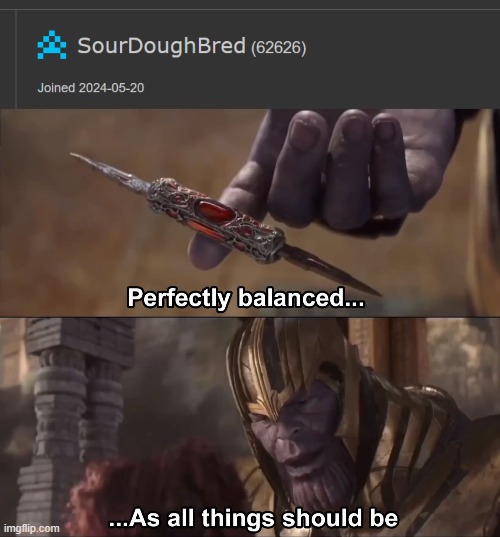 image tagged in thanos perfectly balanced as all things should be | made w/ Imgflip meme maker